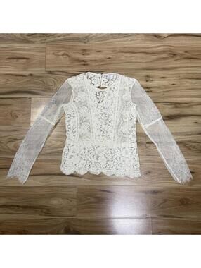 Lucky Brand Ivory Crochet Lace Long Sleeve Top Keyhole Back Boho Size S